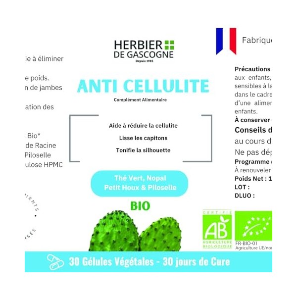 Anti-Cellulites Bio | 1 gélule par jour | 30 gélules | Composition Exclusive | Thé vert | Nopal | Petit Houx | Piloselle | 10
