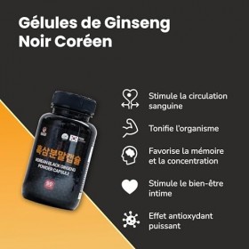 SAMSIDAE - Gélules de Ginseng Noir Coréen, Renforcé en Ginsénosides 4,5 mg/g, Mémoire, énergie, circulationQualité Supérieure