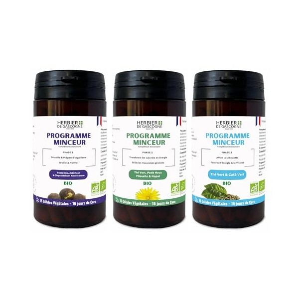 PROGRAMME MINCEUR BIO | 45 jours - 3 phases | 1: Détox, draine & purifie | 2 : Brûleur | 3: Affine & vitalité | 1 gélule par