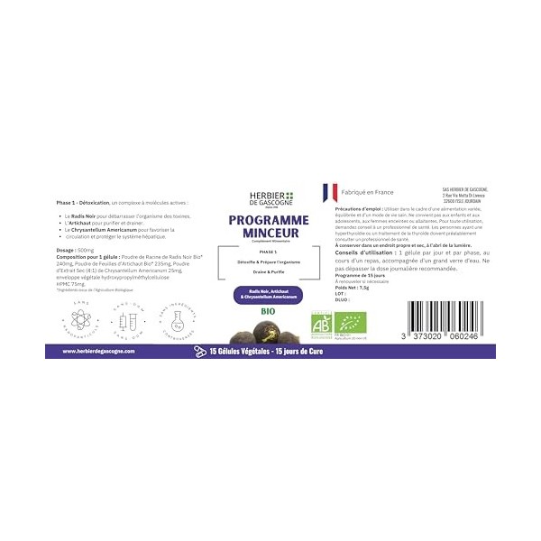 PROGRAMME MINCEUR BIO | 45 jours - 3 phases | 1: Détox, draine & purifie | 2 : Brûleur | 3: Affine & vitalité | 1 gélule par