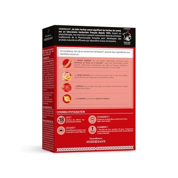 HERBESAN®-Panax Ginseng Meyer, Gelée Royale, Vitamine C, Acérola- Booster toniques, défenses immunitaires- 20 ampoules de 10m...