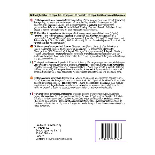 Ginseng 500 mg * 60 gélules - Stimulation de lénergie et soutien immunitaire - Vegan, sans substances artificielles, sans gl