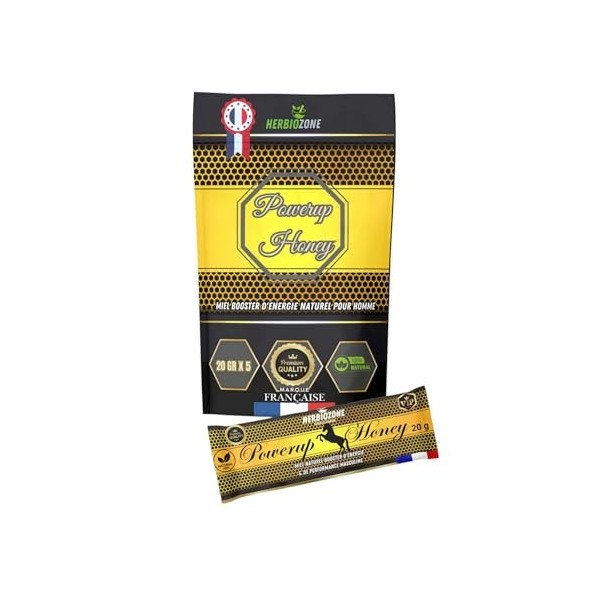 PowerUp Honey Miel Booster pour Homme | Ginseng Rouge | Maca | Guarana | Ashwagandha | Tribulus | 20g X 5 Fabriqué en France
