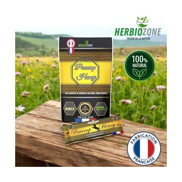 PowerUp Honey Miel Booster pour Homme | Ginseng Rouge | Maca | Guarana | Ashwagandha | Tribulus | 20g X 5 Fabriqué en France