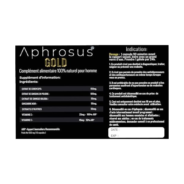 Aphrosus Gold Offre Deux boites -Complément alimentaire pour hommes à base de ginseng et Ginkgo- Effet super puissant et prol