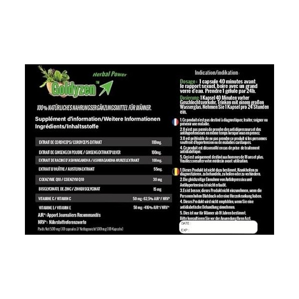 Goldyzen Herbal Power - Compléments alimentaires à base de plante pour hommes, Au complexe de Ginseng- Augmentation de la éne