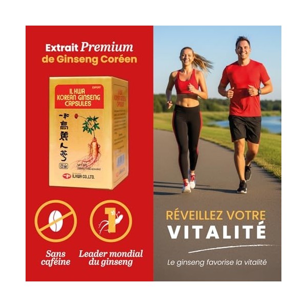 Ginseng Pur de Corée, 500 mg, 100 Gélules | Panax Ginseng 100% Sans Additifs et Coréen Authentique | Énergie Physique et Ment...