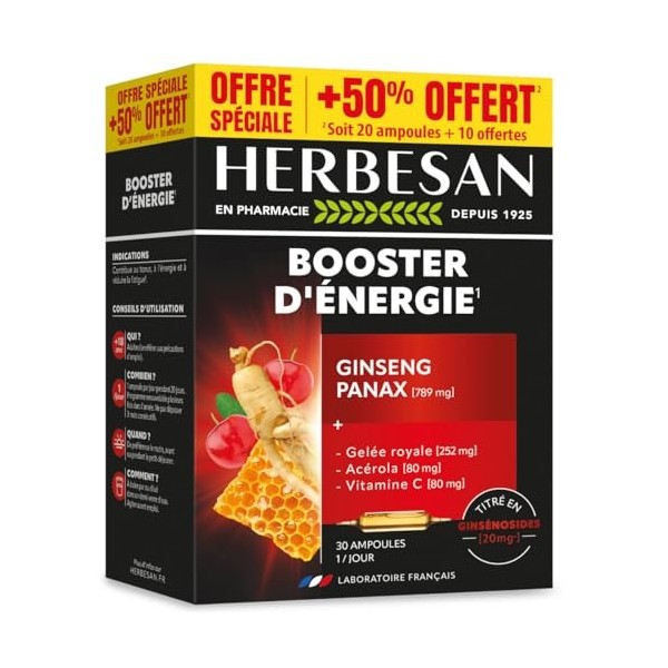 HERBESAN - Panax Ginseng Meyer, Gelée Royale, Vitamine C, Acérola - Booster toniques, défenses immunitaires - Format promo -