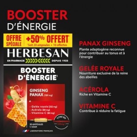 HERBESAN - Panax Ginseng Meyer, Gelée Royale, Vitamine C, Acérola - Booster toniques, défenses immunitaires - Format promo - 