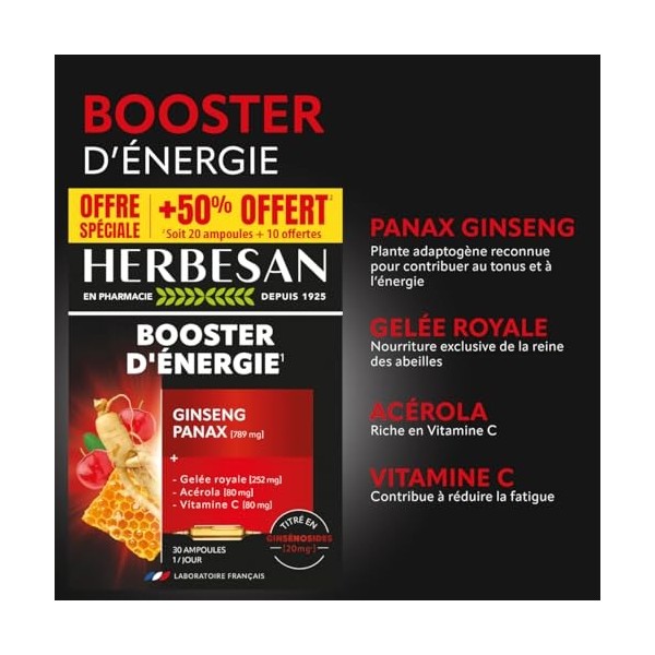 HERBESAN - Panax Ginseng Meyer, Gelée Royale, Vitamine C, Acérola - Booster toniques, défenses immunitaires - Format promo -