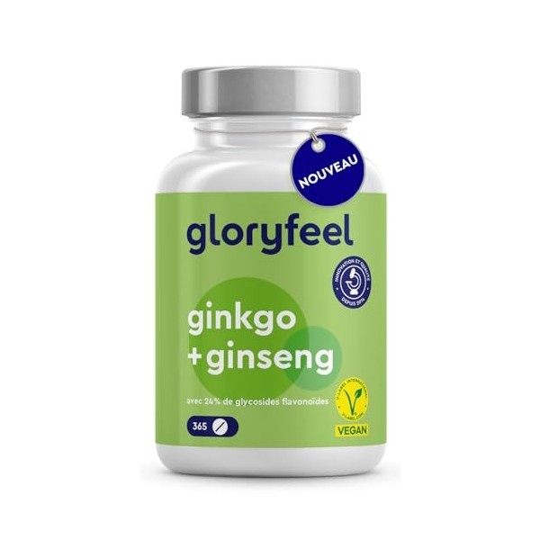 Ginkgo + Ginseng 365 Comprimés - Avec 24% de Glycosides de Flavones - Extrait de Panax Ginseng & Ginkgo Biloba 50:1 Hauteme