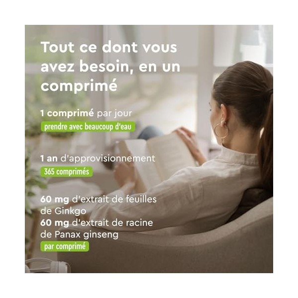 Ginkgo + Ginseng 365 Comprimés - Avec 24% de Glycosides de Flavones - Extrait de Panax Ginseng & Ginkgo Biloba 50:1 Hauteme