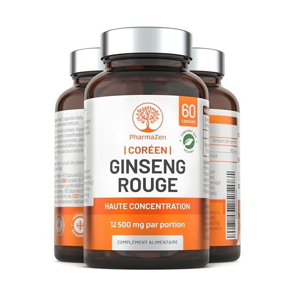 Ginseng Rouge de Corée Panax - Extra Fort 12 500 mg - 60 Gélules - Extrait de Racine de Ginseng avec 20% de Ginsénosides - Ve