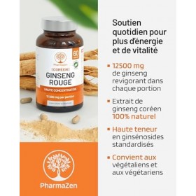 Ginseng Rouge de Corée Panax - Extra Fort 12 500 mg - 60 Gélules - Extrait de Racine de Ginseng avec 20% de Ginsénosides - Ve