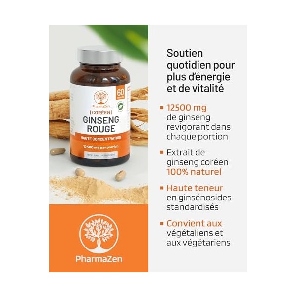 Ginseng Rouge de Corée Panax - Extra Fort 12 500 mg - 60 Gélules - Extrait de Racine de Ginseng avec 20% de Ginsénosides - Ve