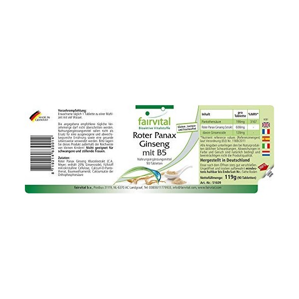 Fairvital | Extrait de ginseng Panax rouge avec B5 - Fortement dosé - VEGAN - 90 Comprimés