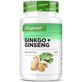 vit4ever Ginkgo + Ginseng - 365 Comprimés - Extrait spécial - Hautement dosé - Ginkgo Biloba + Ginseng Coréen - Qualité premi