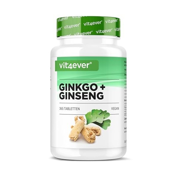 vit4ever Ginkgo + Ginseng - 365 Comprimés - Extrait spécial - Hautement dosé - Ginkgo Biloba + Ginseng Coréen - Qualité premi