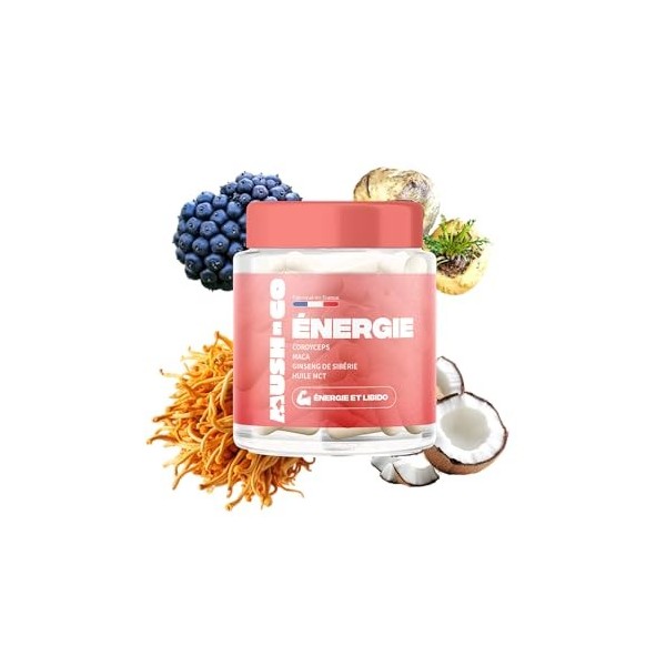 MushNGo Énergie & Libido - Cordyceps, Maca, Ginseng, huile MCT - Fabriqué en France - Vitamines & Minéraux - Vegan, sans Glut