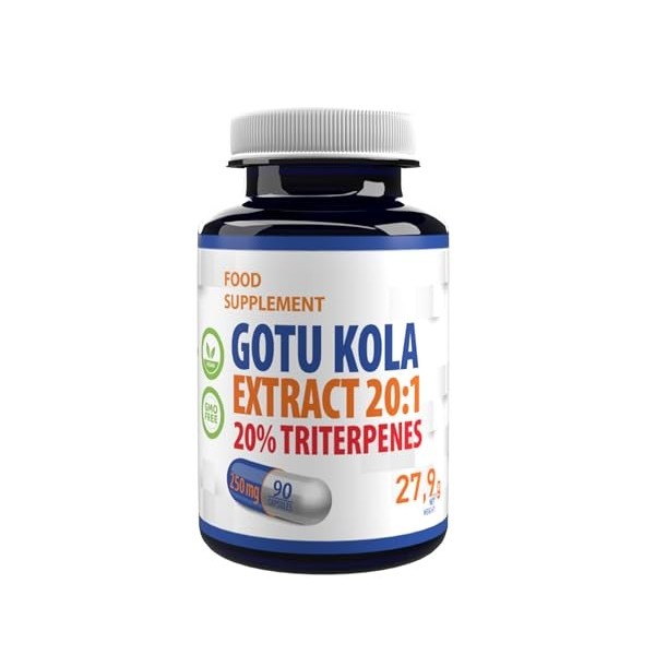 Gotu Kola 5,000mg équivalent 250mg dextrait 20:1 90 gélules végétaliennes, 20% Triterpenes, testé par des tiers en laborat