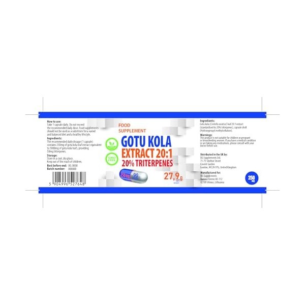 Gotu Kola 5,000mg équivalent 250mg dextrait 20:1 90 gélules végétaliennes, 20% Triterpenes, testé par des tiers en laborat
