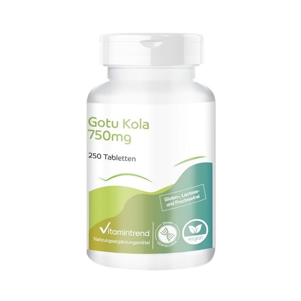 Gotu Kola 750 mg - 250 comprimés - 9000 mg de gotu kola par dose journalière - avec vitamine C et zinc - hautement dosé - vég