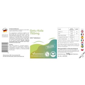 Gotu Kola 750 mg - 250 comprimés - 9000 mg de gotu kola par dose journalière - avec vitamine C et zinc - hautement dosé - vég