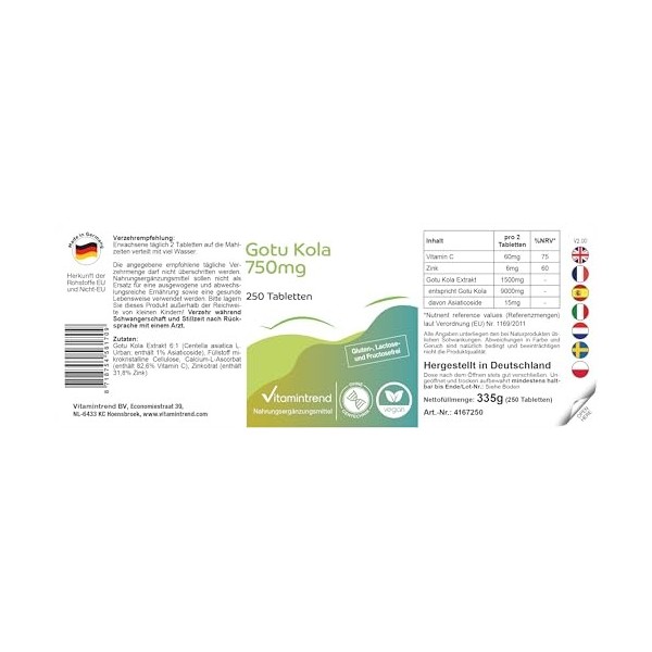 Gotu Kola 750 mg - 250 comprimés - 9000 mg de gotu kola par dose journalière - avec vitamine C et zinc - hautement dosé - vég