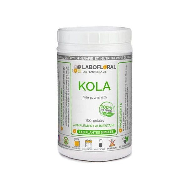Kola noix Labofloral 500 gélules dosées à 280 mg - Complément alimentaire - Toniqu, fatigue, brûle-graisse- minceur - Fabriqu