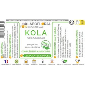 Kola noix Labofloral 500 gélules dosées à 280 mg - Complément alimentaire - Toniqu, fatigue, brûle-graisse- minceur - Fabriqu