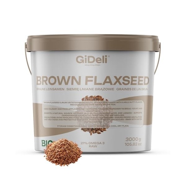 GiDeli Graines de lin brutes entières 3 kg - Haute teneur en oméga-3 et fibres - Idéales pour smoothies, pâtisserie, céréales