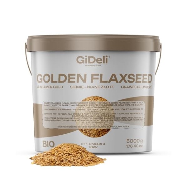 GiDeli Graines de lin dorées 5 kg de graines brutes entières oméga-3 et fibres, idéales pour les smoothies, les céréales, la 