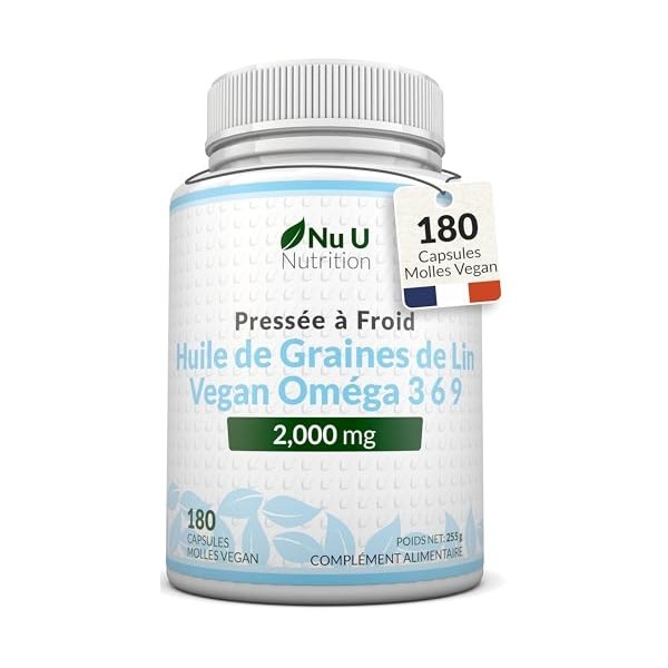 Huile de Graines de Lin Végétalienne 2000mg – 180 Capsules Molles – Pressée à Froid, Source Riche en Oméga 3-6-9 | Cure de 3 