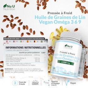 Huile de Graines de Lin Végétalienne 2000mg – 180 Capsules Molles – Pressée à Froid, Source Riche en Oméga 3-6-9 | Cure de 3 