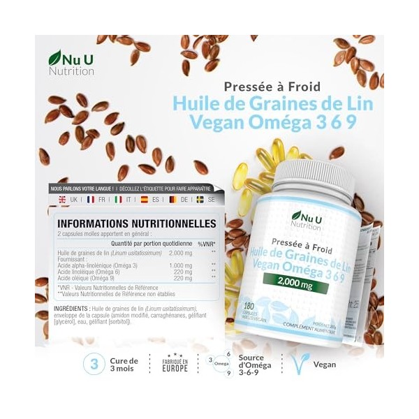 Huile de Graines de Lin Végétalienne 2000mg – 180 Capsules Molles – Pressée à Froid, Source Riche en Oméga 3-6-9 | Cure de 3 