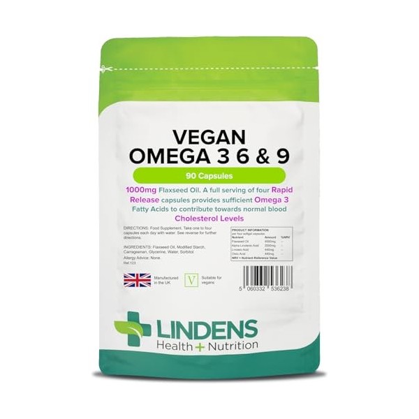 Lindens - Capsules végétaliennes oméga 3, 6 et 9-90 – 1000 mg dhuile de lin, fabriquée au Royaume-Uni – Acides gras oméga es