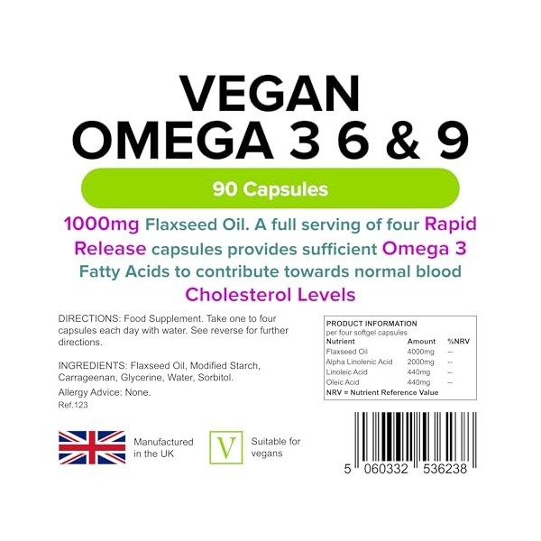 Lindens - Capsules végétaliennes oméga 3, 6 et 9-90 – 1000 mg dhuile de lin, fabriquée au Royaume-Uni – Acides gras oméga es
