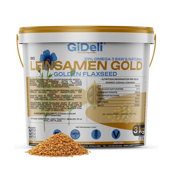 GiDeli Graines de lin dorées 3 kg de graines brutes entières oméga-3 et fibres, idéales pour les smoothies, les céréales, la 