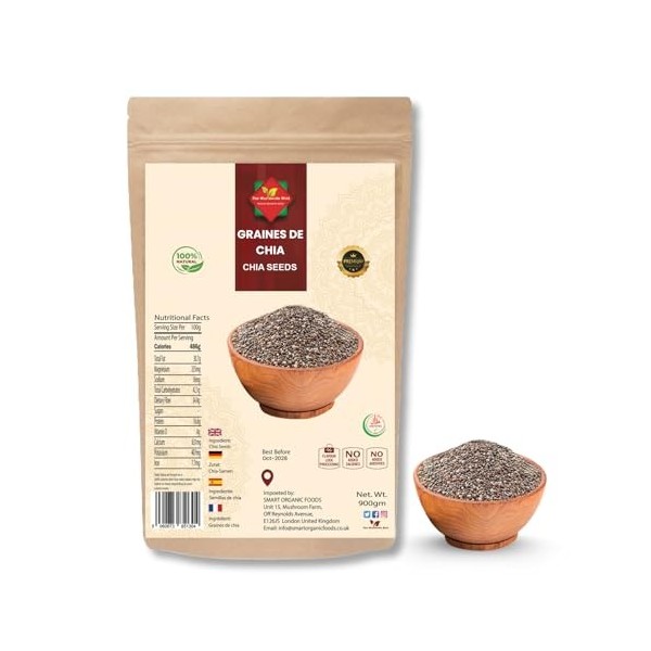 Graines de chia 900 g | Graines de chia crues | Pures et naturelles | Végétalien | Sans gluten | Sans OGM | Qualité supérie