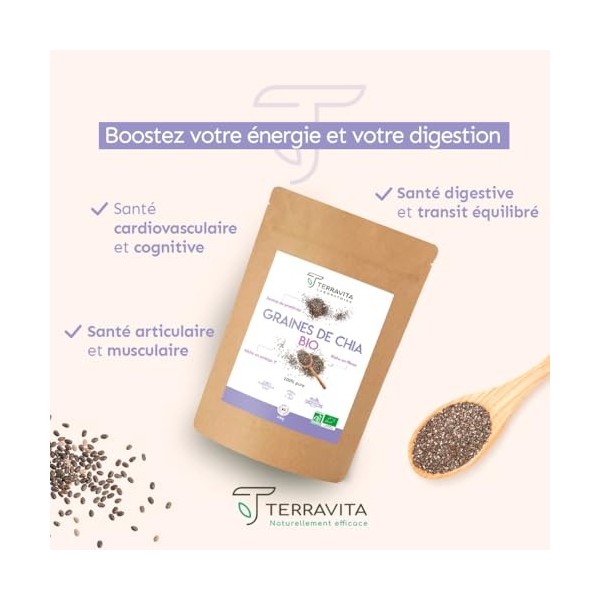 Graines de Chia BIO | Sélection Rigoureuse - Qualité Homogène | Transit et Perte de Poids | Riches en Oméga 3, Source de Fibr