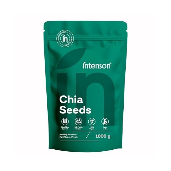 Intenson Graines de Chia, 1000 g, Naturellement Riches en Fibres et Protéines Végétales, Véganes, Sans Gluten, Sans Sucres Aj