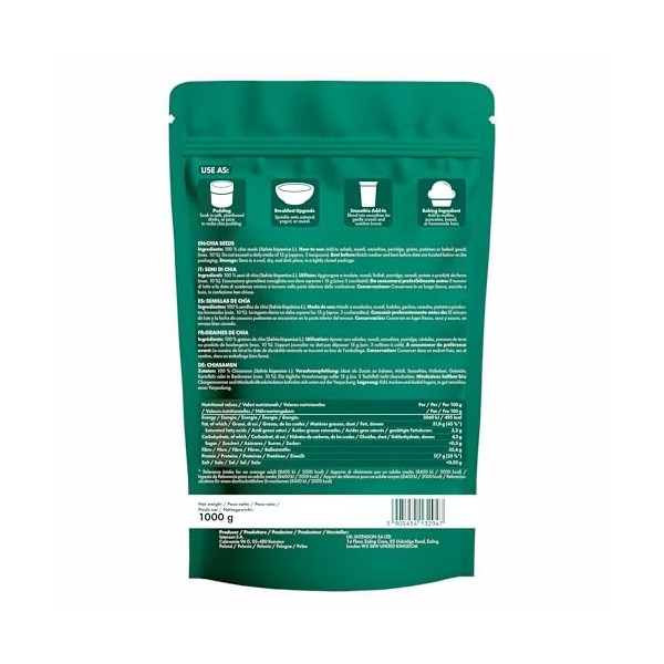 Intenson Graines de Chia, 1000 g, Naturellement Riches en Fibres et Protéines Végétales, Véganes, Sans Gluten, Sans Sucres Aj