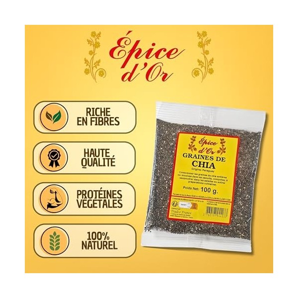 Graine De Chia 100g - Epice dOr, 100% Naturel, Sans Additifs, Sans Arôme Artificiel, Sans Conservateur