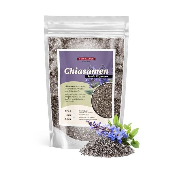 Feinwälder® Graines de chia 1 kg de graines de chia sans gluten et végétaliennes – Graines de chia 100 % naturelles pour céré