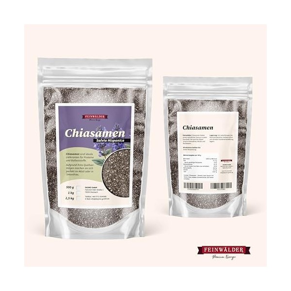 Feinwälder® Graines de chia 1 kg de graines de chia sans gluten et végétaliennes – Graines de chia 100 % naturelles pour céré