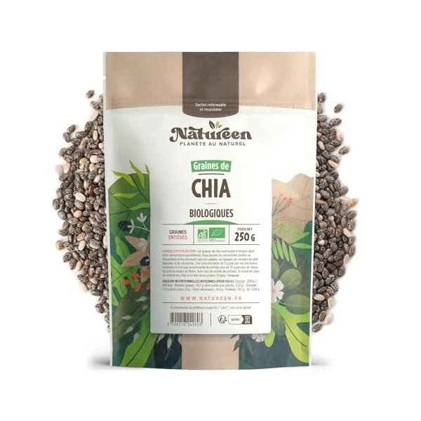 Graines de Chia Bio 250 g - Source de protéines - fibres - OMEGA 3 Graines de chia