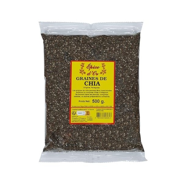 Graine De Chia 500g - Epice dOr, 100% Naturel, Sans Additifs, Sans Arôme Artificiel, Sans Conservateur