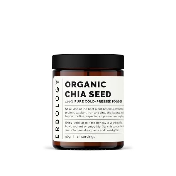 100% Poudre de Chia Bio 125 g - Pressée à Froid - Riche en Fibres et en Protéines - Riche en Minéraux - Crue, Végétalienne et