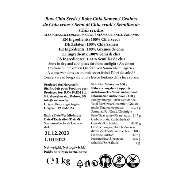 Raw Farm - Graines de chia noires crues 1 kg - Graines entières - Naturelles et non transformées - Ingrédient polyvalent pour
