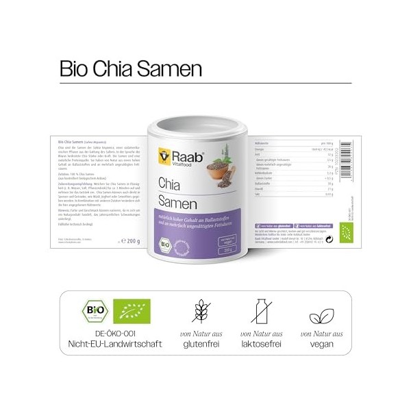 Raab Vitalfood graines de chia Bio, Pack 1er 1 x 200g 